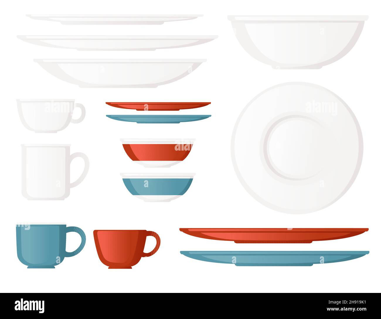 Set di stoviglie da cucina pulito con tazze piatti piattini illustrazione vettoriale su sfondo bianco Illustrazione Vettoriale