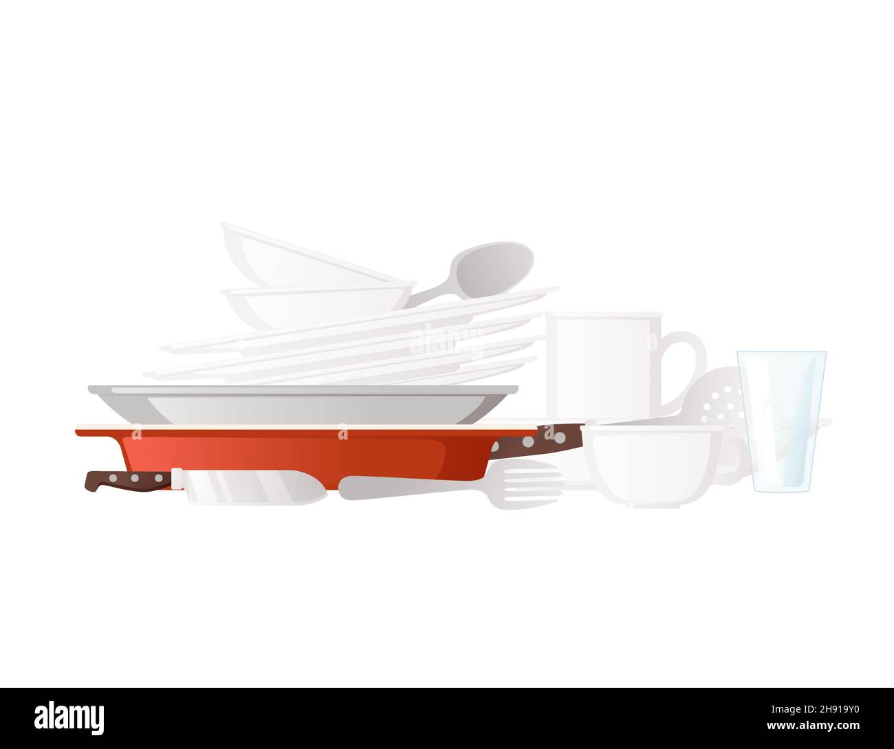 Pulire la pila di stoviglie e utensili da cucina immagine vettoriale su sfondo bianco Illustrazione Vettoriale