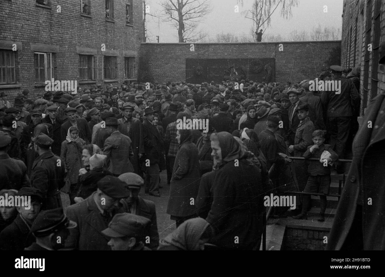 Oœwiêcim, 1947-04. Obóz koncentracyjny Auschwitz - Birkenau. NZ. t³um oczekuj¹cy na egzekucjê Rudolfa Hoessa przed Œcian¹ Œmierci. kw PAP/Stanis³aw D¹browiecki Dok³adny dzieñ wydarzenia nieustalony. Oswiecim, aprile 1947. Il campo di sterminio di Auschwitz-Birkenau. Nella foto: Una folla in attesa dell'esecuzione di Rudolf Hoess nel campo. kw PAP/Stanislaw Dabrowiecki Foto Stock