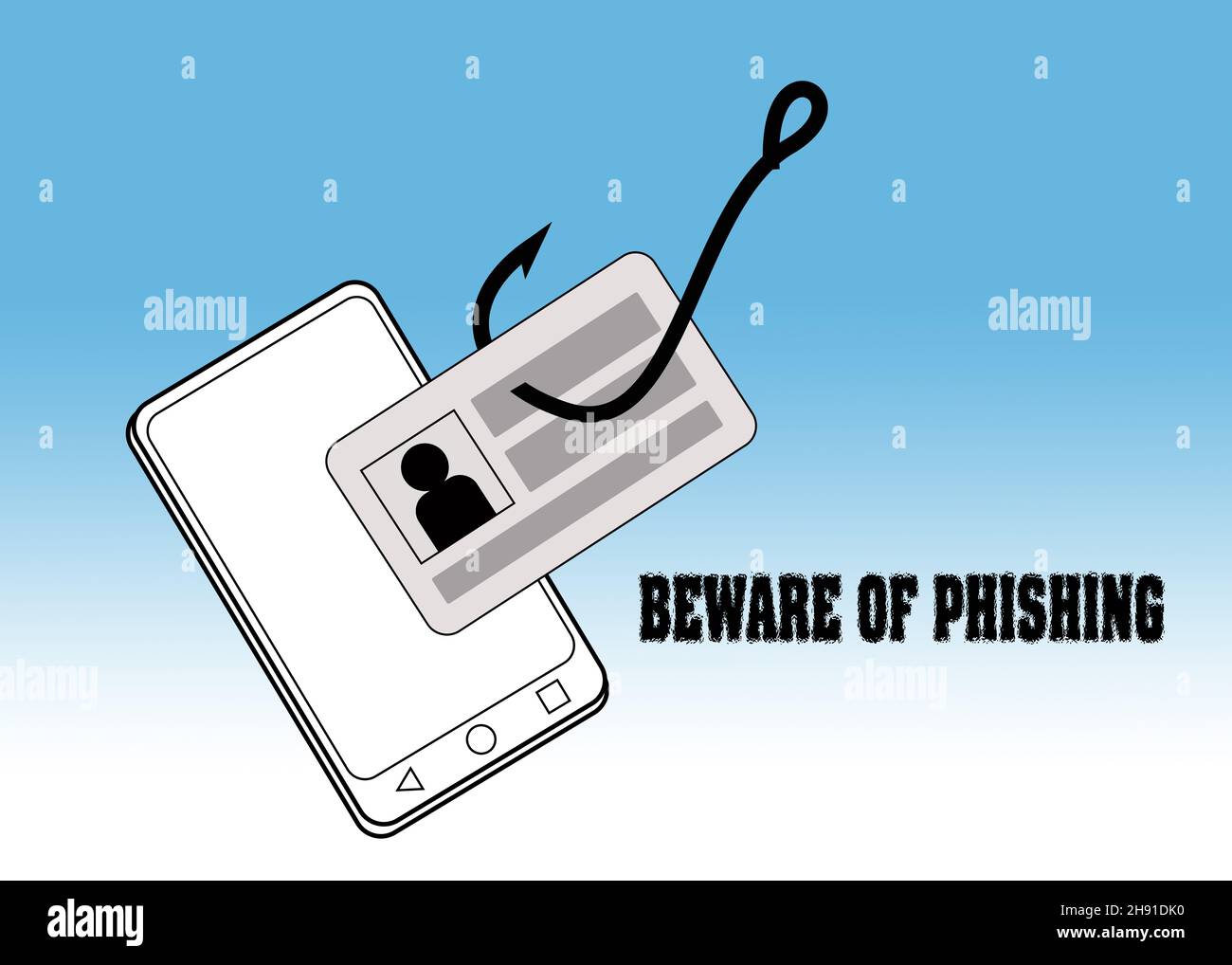 Disegno illustrativo di truffa phishing e di avvertimento frodi Foto Stock