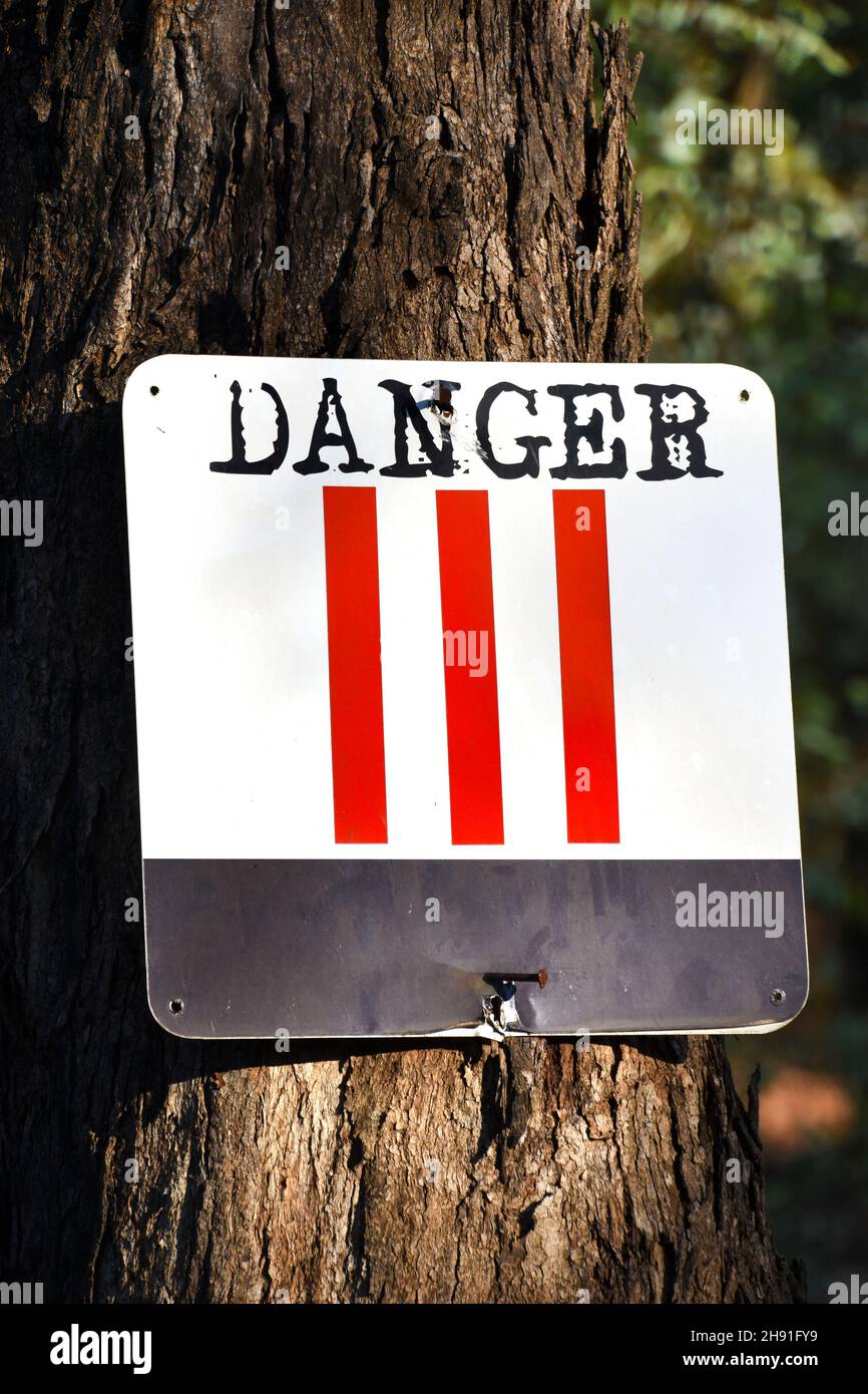 Un cartello di pericolo con un design unico con colori luminosi nero e rosso su un albero che allerta gli escursionisti di montagna e gli escursionisti di ostacoli sul sentiero che può b Foto Stock