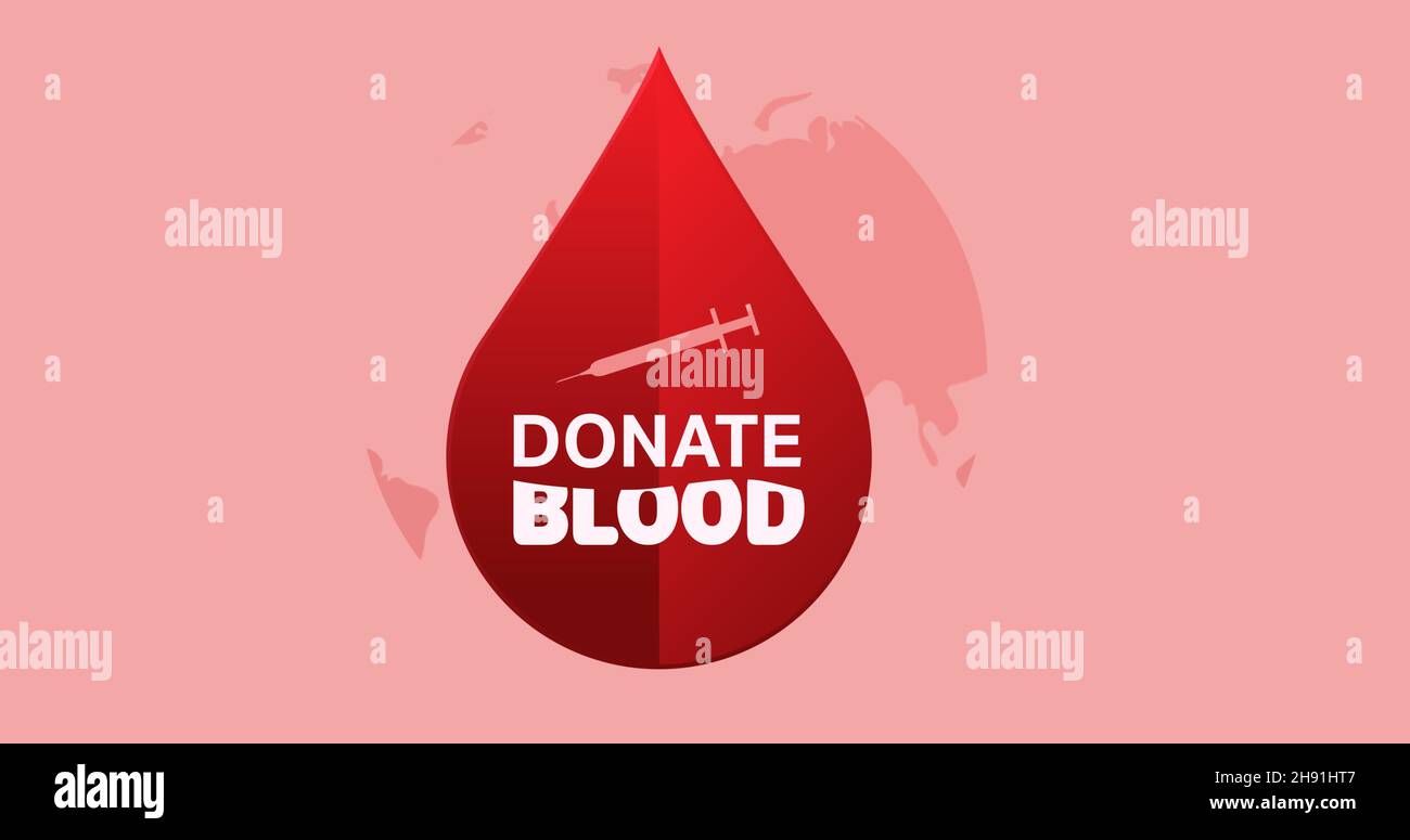 Immagine digitale composita di donare il testo del sangue e l'iniezione su goccia rossa su sfondo rosa Foto Stock