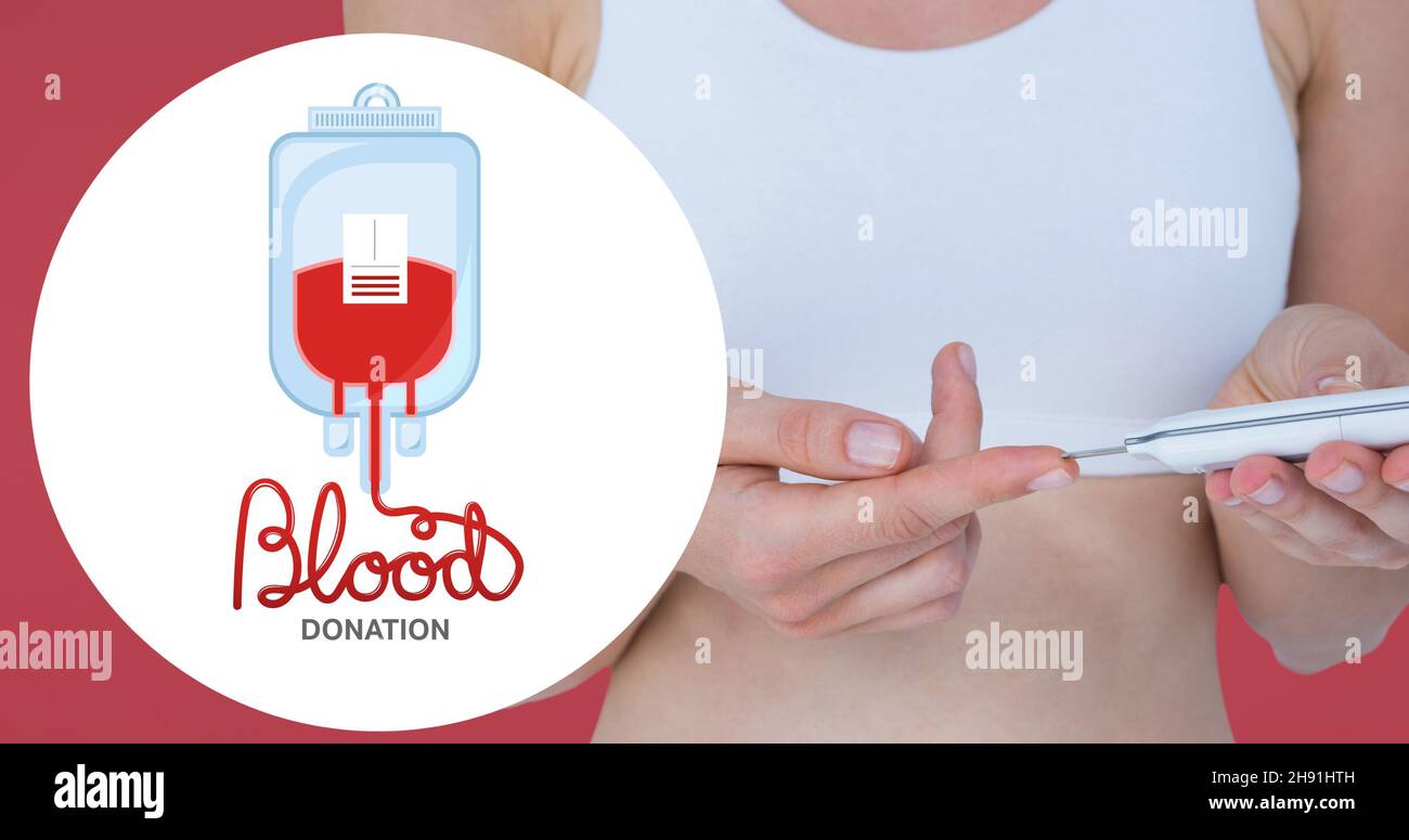 Immagine composita digitale della donazione di sangue segno su test donna con glucometro Foto Stock