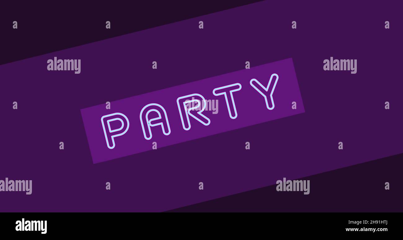 Immagine composita digitale del testo del partito in maiuscolo su sfondo viola Foto Stock