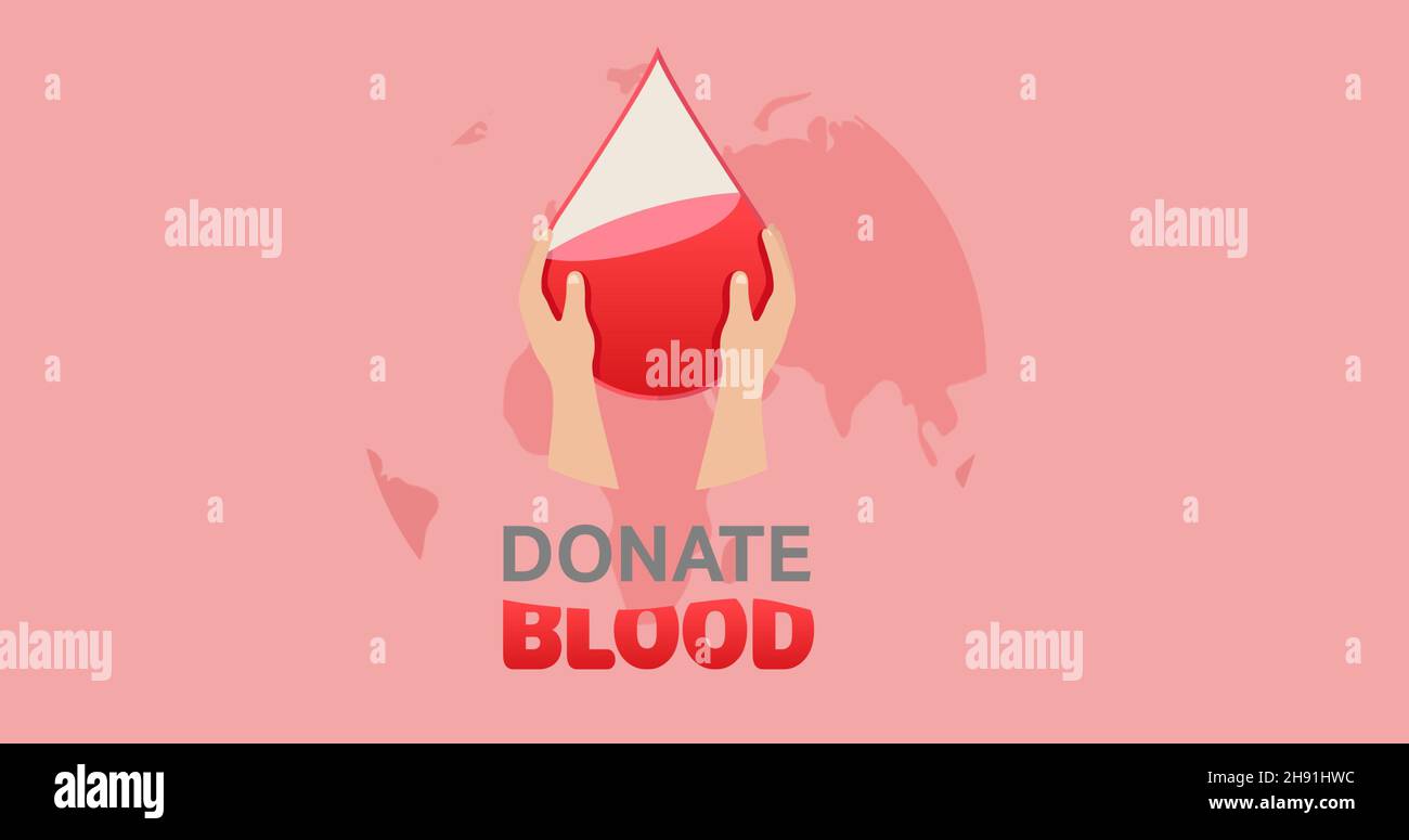 Composito digitale di mani che tengono il simbolo di goccia con donare il testo del sangue su sfondo rosa Foto Stock