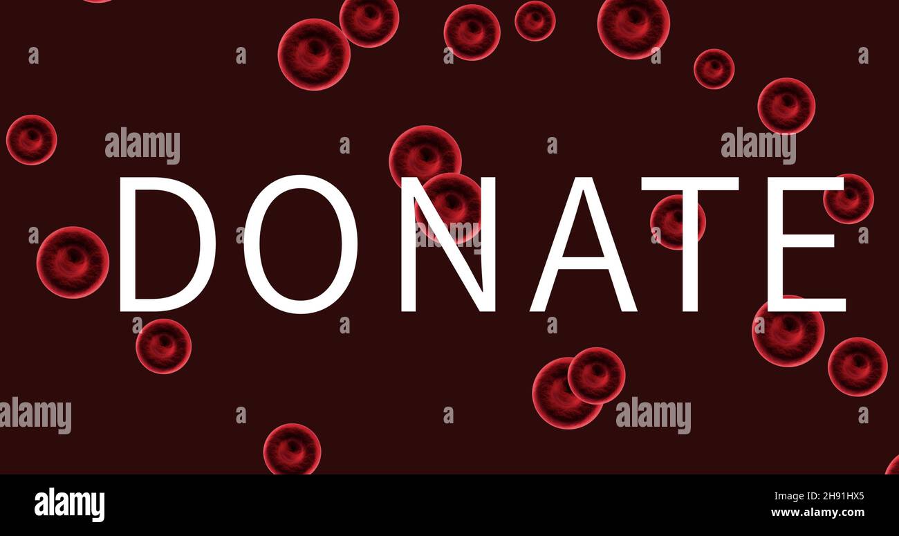 Immagine digitale composita del testo donato in maiuscolo sui globuli rossi su sfondo maroon Foto Stock