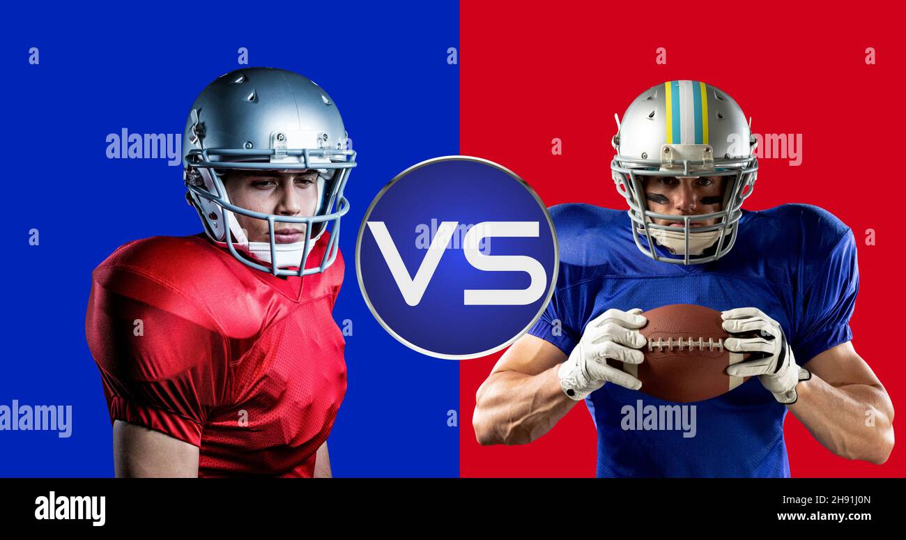 Atleti di calcio americani fidati su sfondo colorato Foto Stock