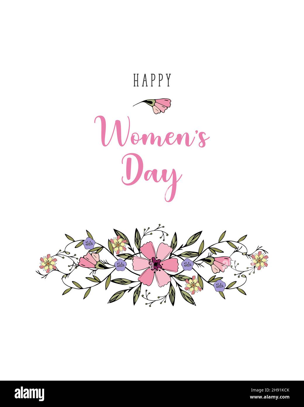 Happy Womens Day 8 marzo biglietto di auguri con l'iscrizione, cuore, amore, passione, amanti. Dudling fiori disegno a mano, su sfondo bianco. Illustrazione vettoriale Illustrazione Vettoriale