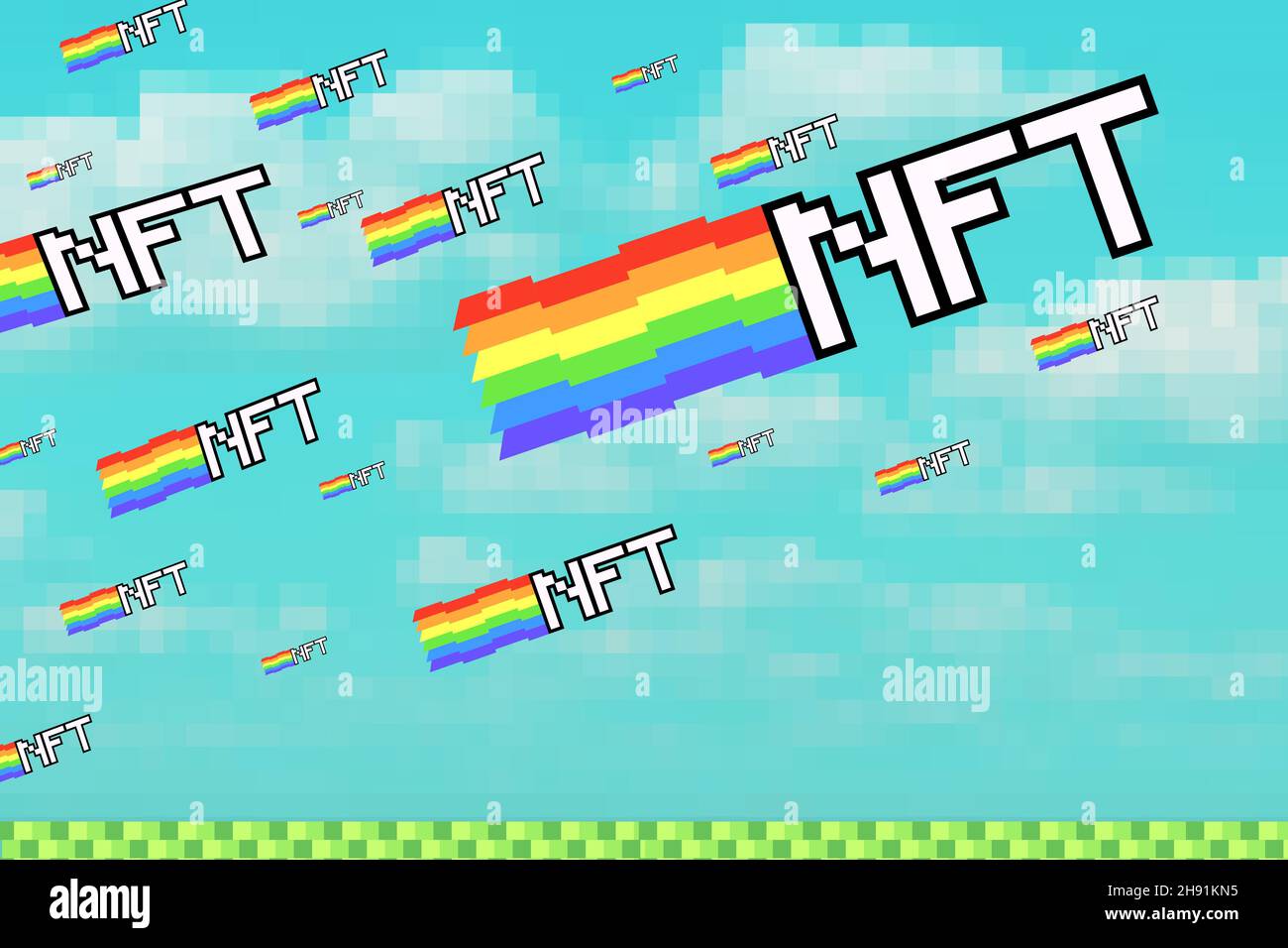 Modern business art NFT non-fungibile token - pixelated parole volare nel mondo digitale basato sulla criptovaluta Foto Stock