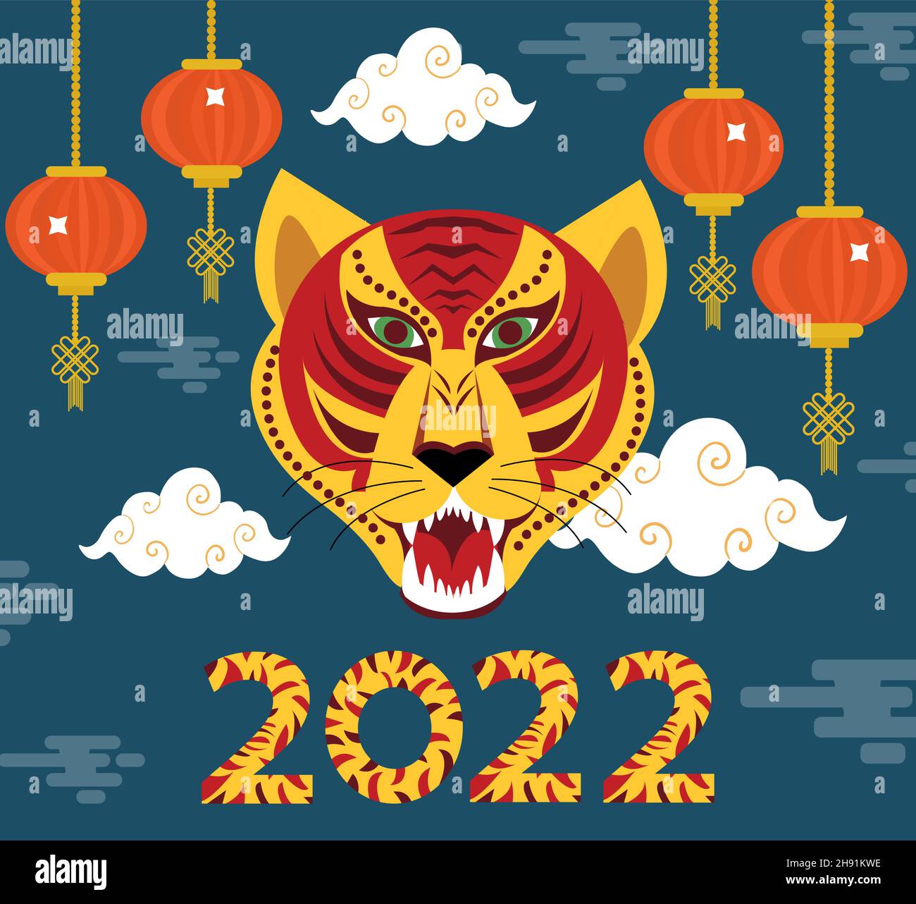 2022. Anno della tigre. Poster moderno per il nuovo anno per secondo il calendario cinese orientale con tigri e foglie tropicali. Vettore Illustrazione Vettoriale