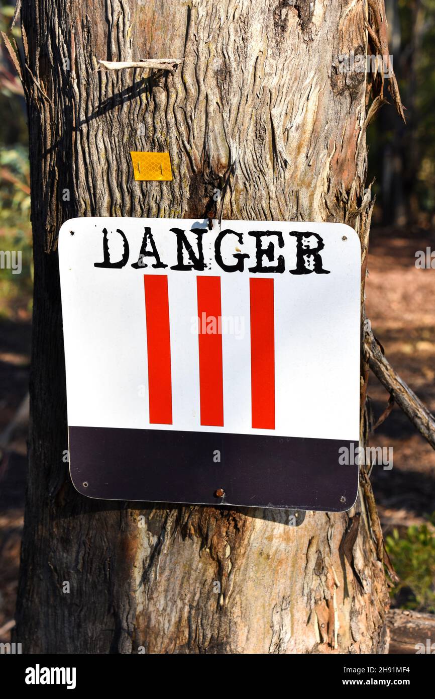 Un cartello di pericolo con un design unico con colori luminosi nero e rosso su un albero che allerta gli escursionisti di montagna e gli escursionisti di ostacoli sul sentiero che può b Foto Stock