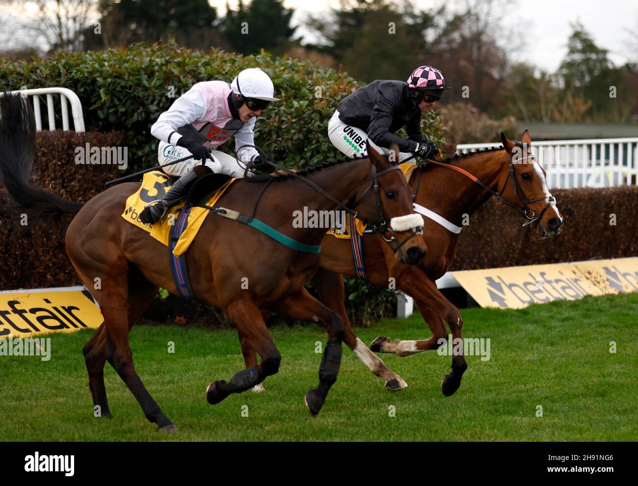 Nico de Boinville che guida Bothwell Bridge (a destra) per vincere la caccia per handicap limitata dei Novizi del programma Betfair Daily Rewards durante il Betfair Tingle Creek Festival presso l'ippodromo Sandown Park di Esher. Data foto: Venerdì 3 dicembre 2021. Foto Stock