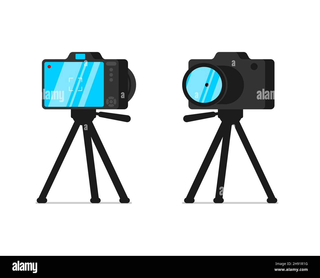 Fotocamera SLR su cavalletto, set per la visione anteriore e posteriore. Fotocamera reflex digitale su rack. Kit per videografo o fotografo con lente su supporto fisso. Dispositivo video fotografico professionale stabile Illustrazione Vettoriale