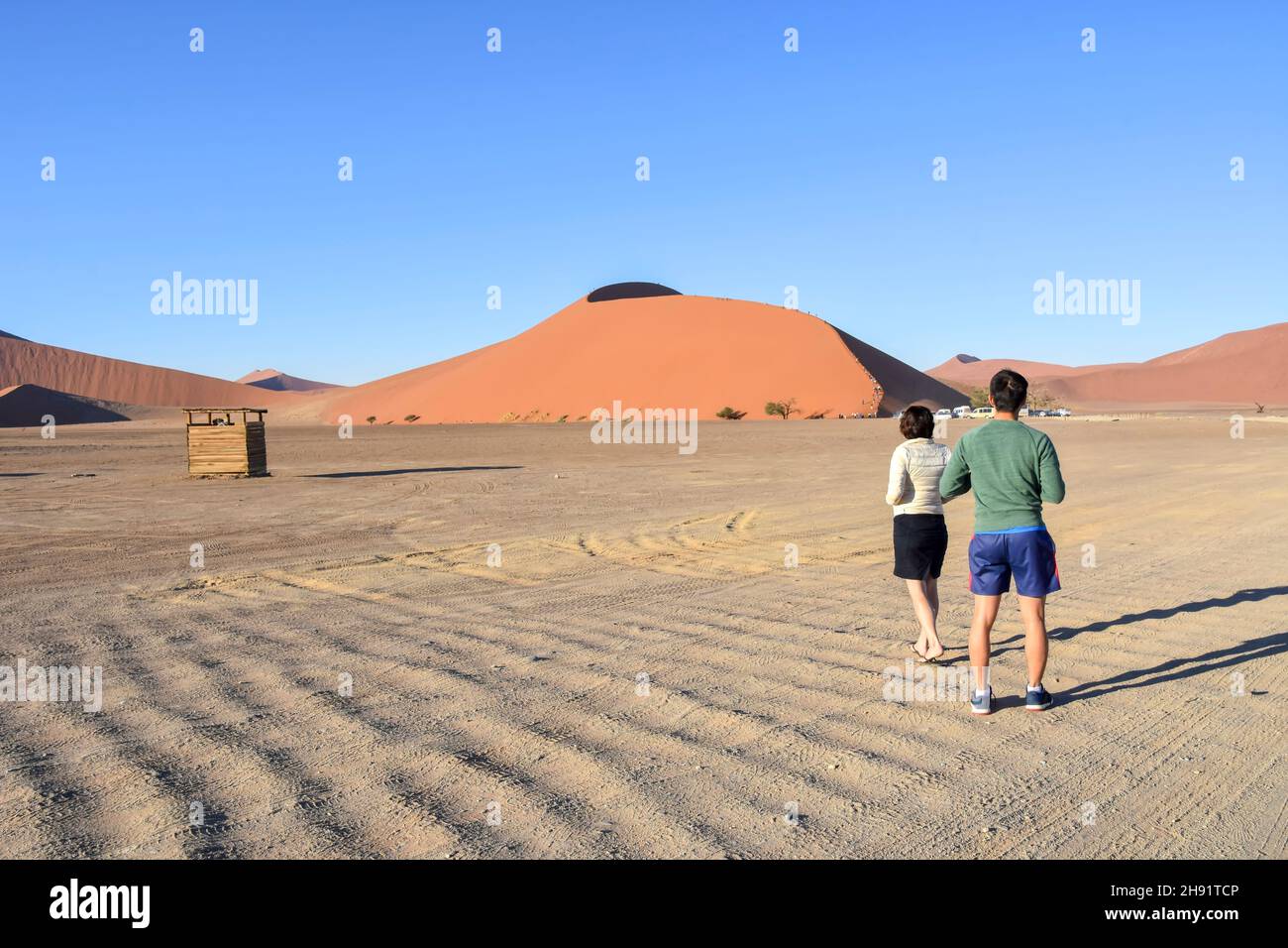 I turisti osservano le famose dune di sabbia nell'area del parco Namib-Naukluft in Namibia Sud Africa Foto Stock