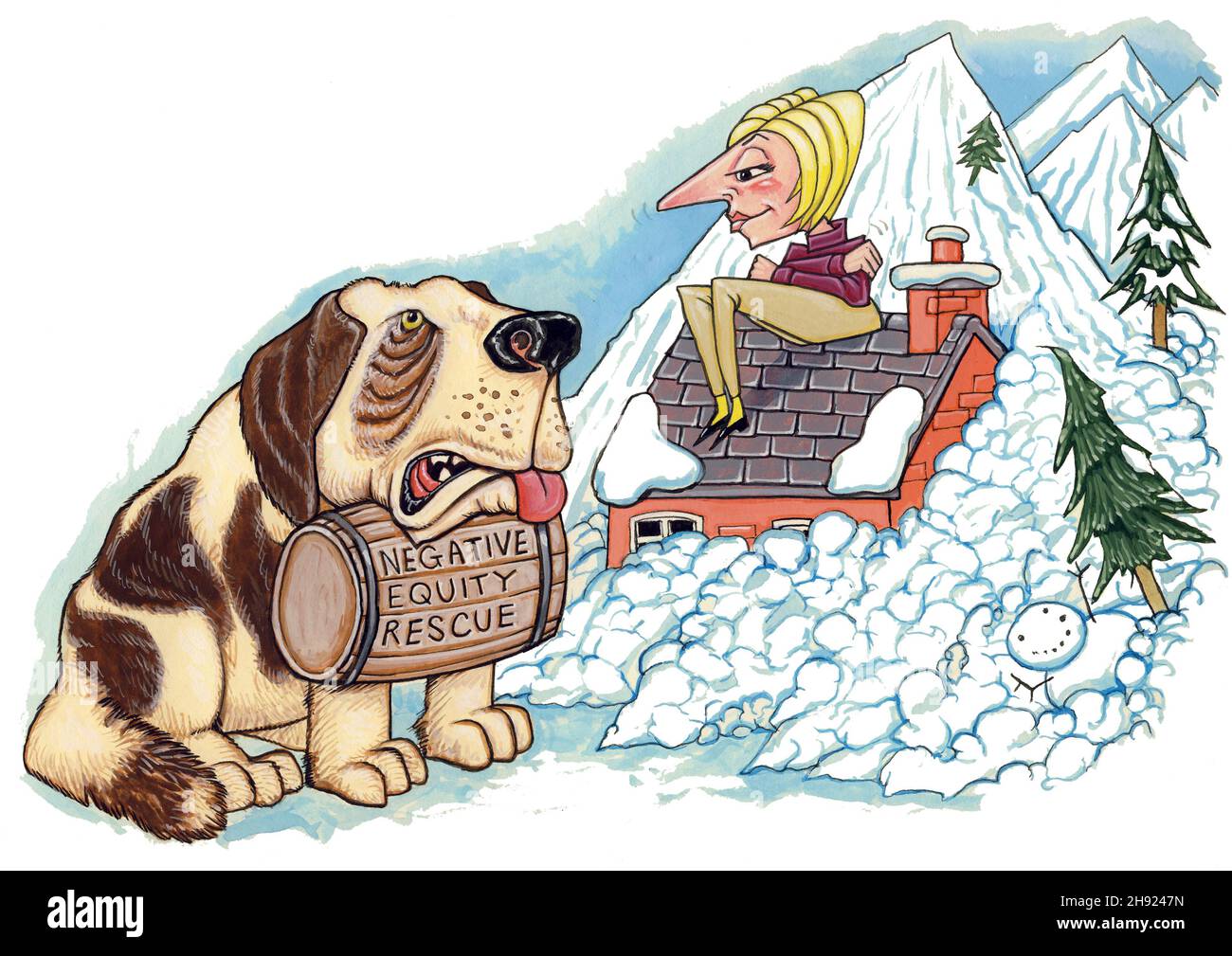 Concept art, che illustra la trappola del patrimonio netto negativo, e i molti schemi di salvataggio dei mutui offerti da una varietà di finanziatori di denaro, banche o governi. Foto Stock