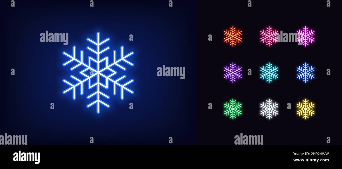 Delineare l'icona del fiocco di neve al neon. Simbolo di fiocco di neve al neon, pittogramma di neve dai colori vivaci. Fiocco di cristallo di ghiaccio, gelo stagione invernale, fiocco di neve geometrico Illustrazione Vettoriale