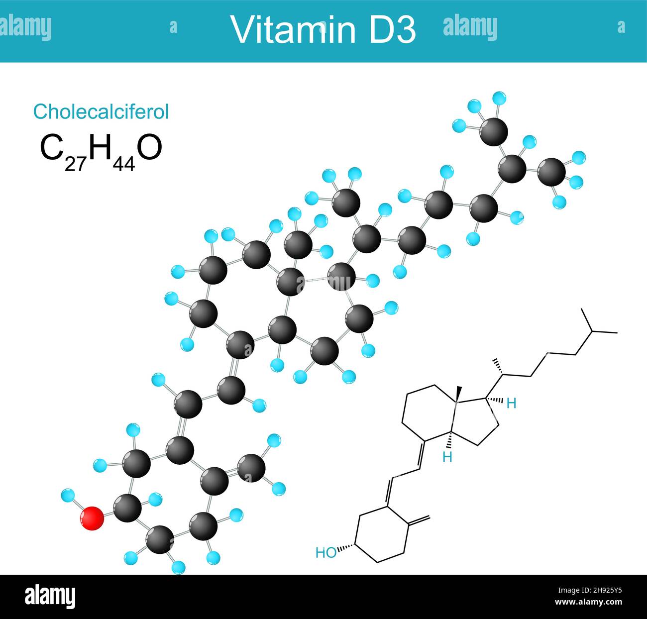 Vitamina D3. Colecalciferolo formula strutturale chimica molecolare e modello di un tipo di vitamina D. illustrazione vettoriale Illustrazione Vettoriale