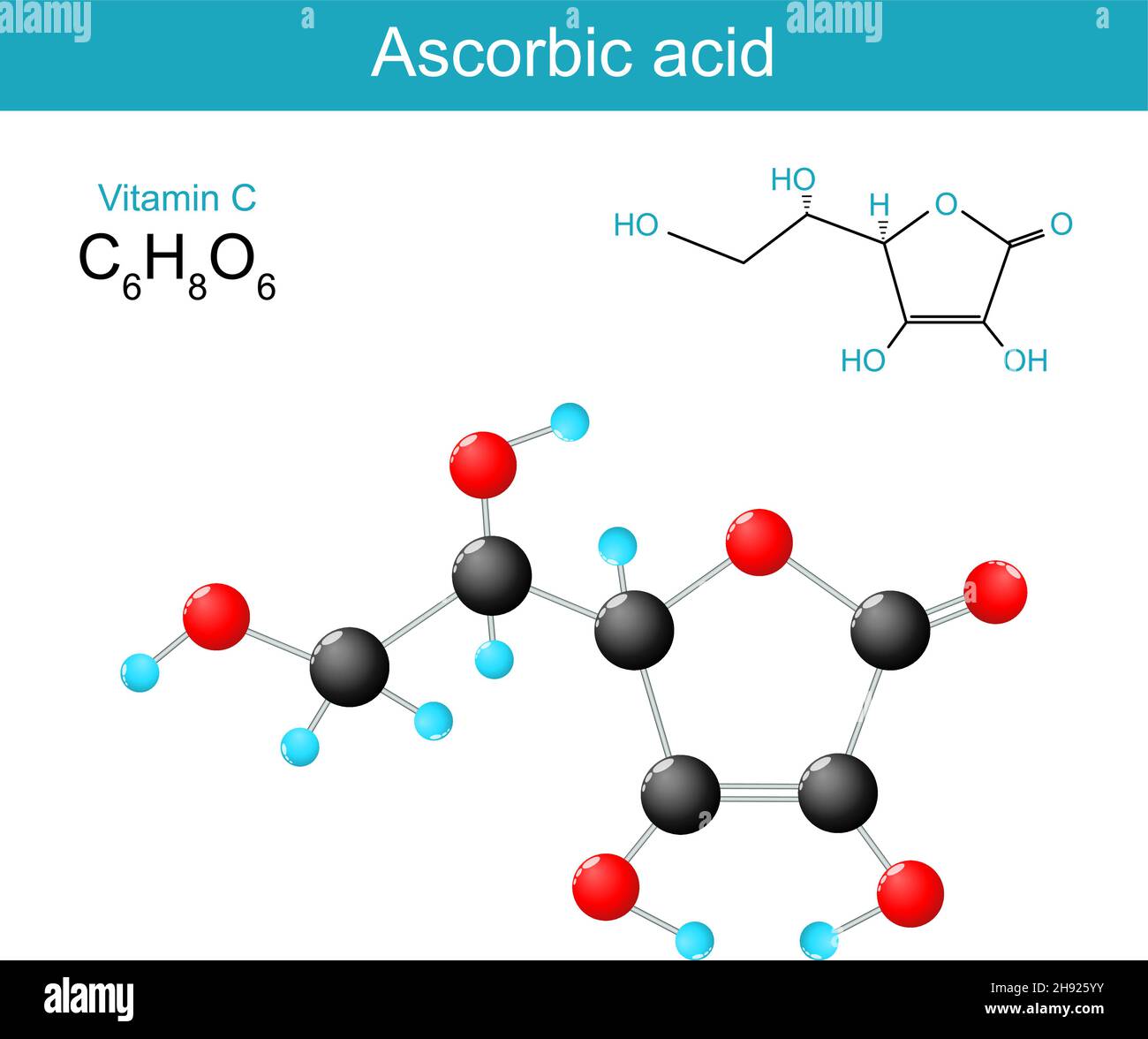 Vitamina C. acido ascorbico formula molecolare di struttura e modello di un ascorbato. Illustrazione vettoriale Illustrazione Vettoriale