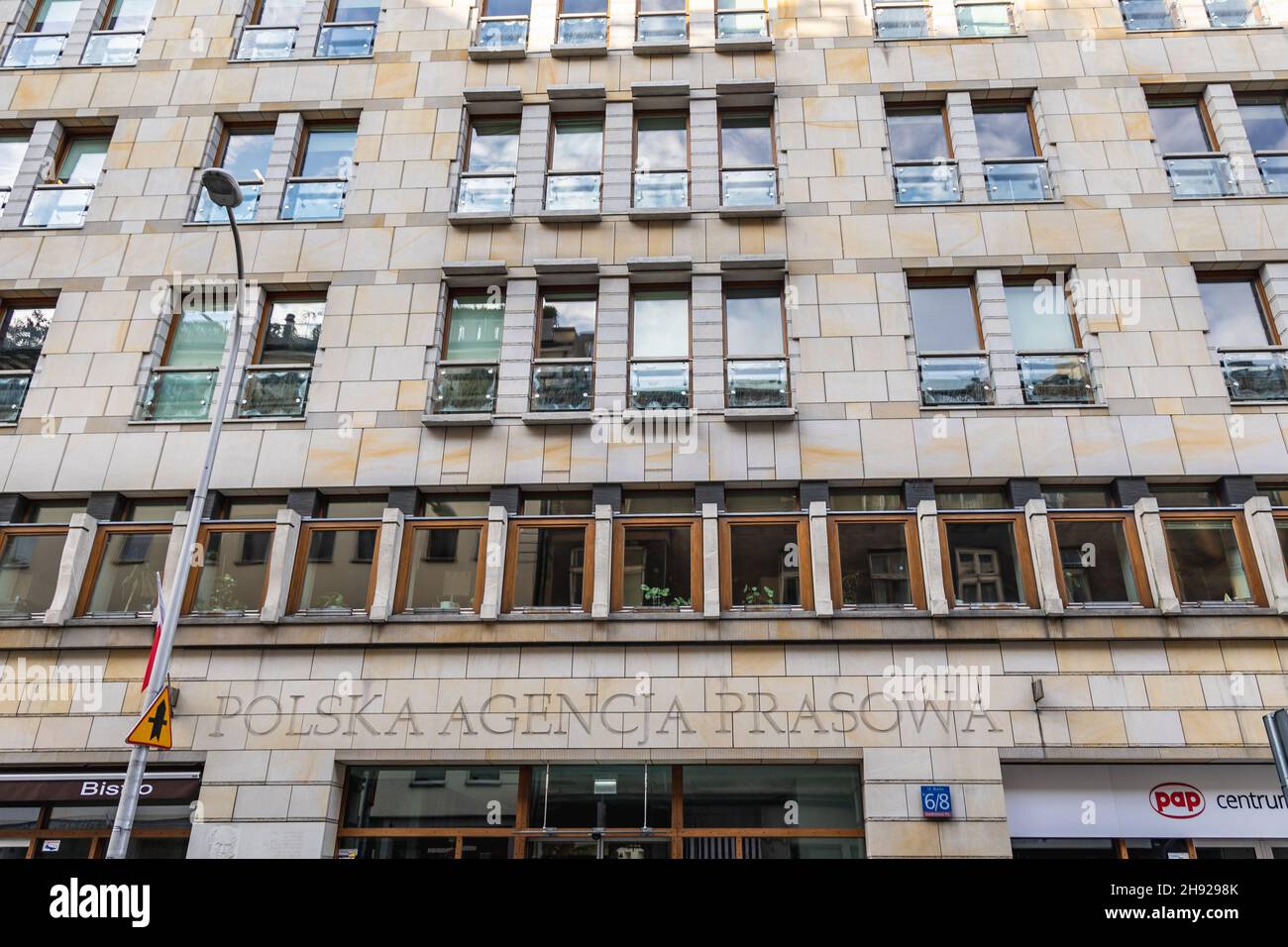 La sede dell'Agenzia Polacca per la Stampa - in Polish Polska Agencja Prasowa PAP agenzia nazionale per la stampa polacca su Bracka Street a Varsavia, capitale della Polonia Foto Stock