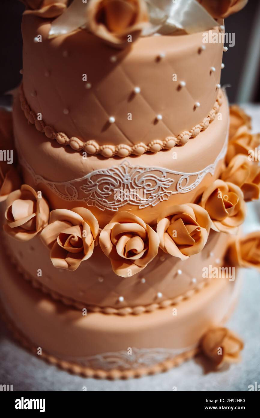 Una bella torta di nozze a tre livelli marrone con rose. Torta di festa dall'aspetto gustoso. Foto di alta qualità Foto Stock