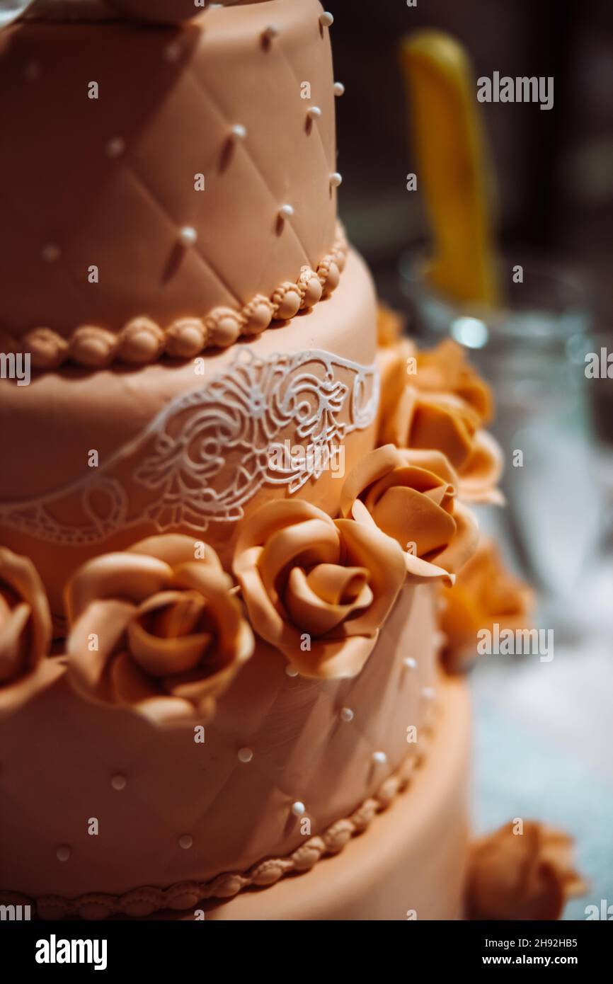 Una bella torta di nozze a tre livelli marrone con rose. Torta di festa dall'aspetto gustoso. Foto di alta qualità Foto Stock