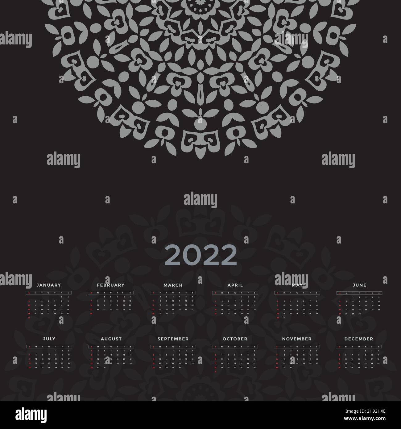 Semplice modificabile 2022 сalendar design.colore scuro decorativo 2022 modello vettoriale calendario. Illustrazione Vettoriale