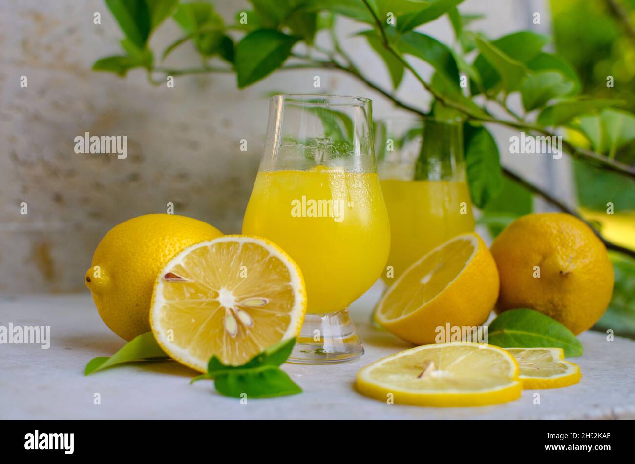 Tradizionale italiano limone alcol bevanda liquore limoncello fatti in casa con pezzi di limone Foto Stock