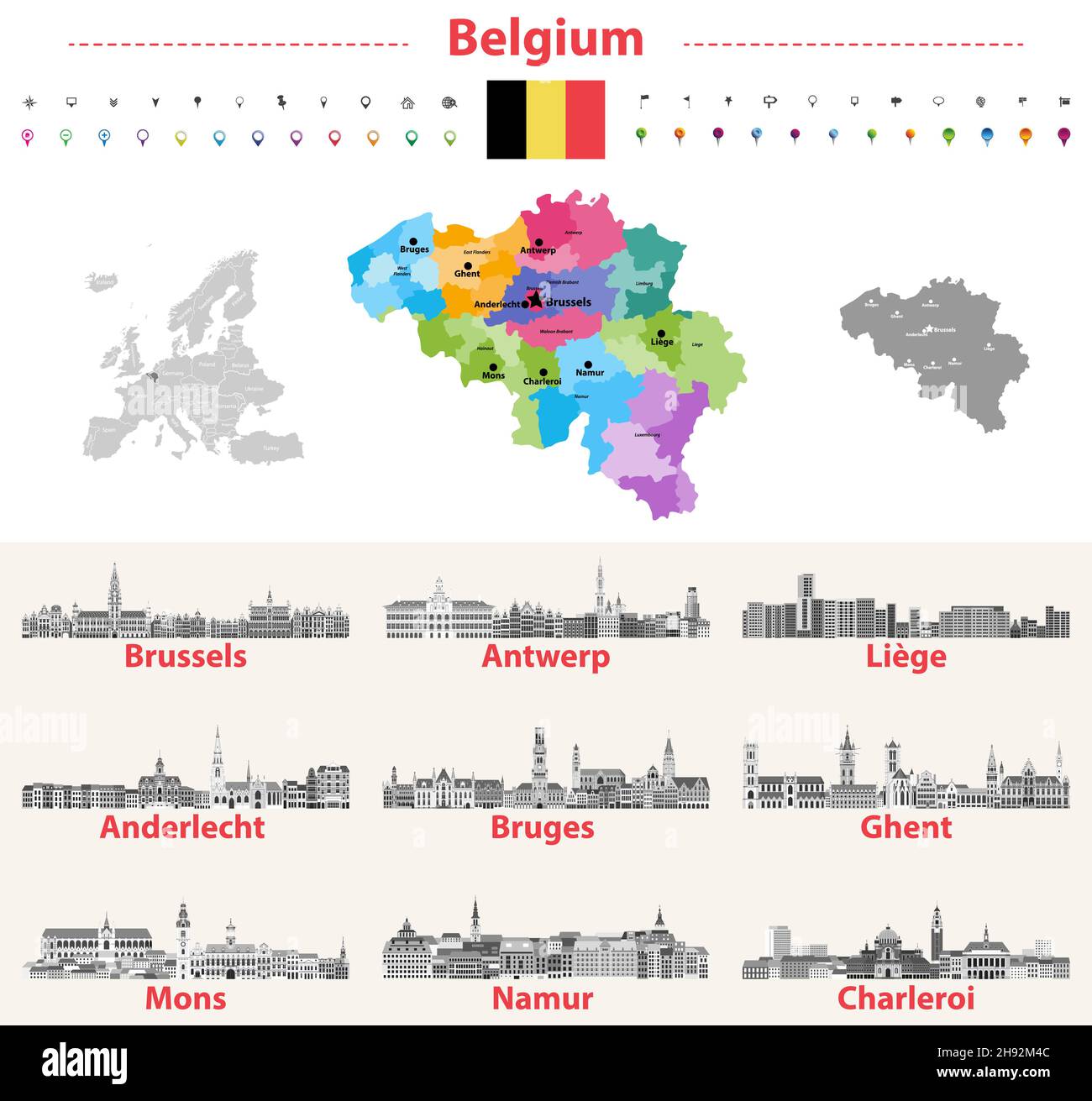 Mappa del Belgio con le principali città lucernari illustrazioni vettoriali Illustrazione Vettoriale