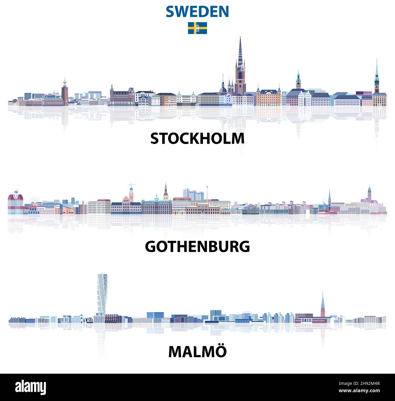 Svezia principali città skylines in tinte di colore blu tavolozza. Stile estetico rystal Illustrazione Vettoriale