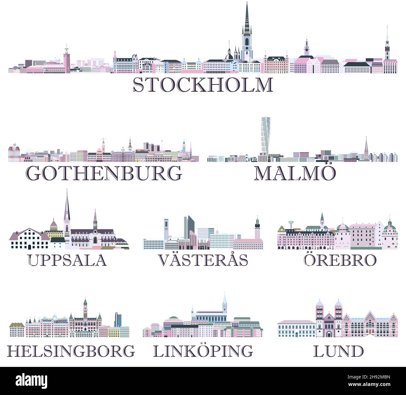 Le città svedesi si abbelliscono in una ricca tavolozza di colori pastello e vivaci. Stile estetico magico Illustrazione Vettoriale