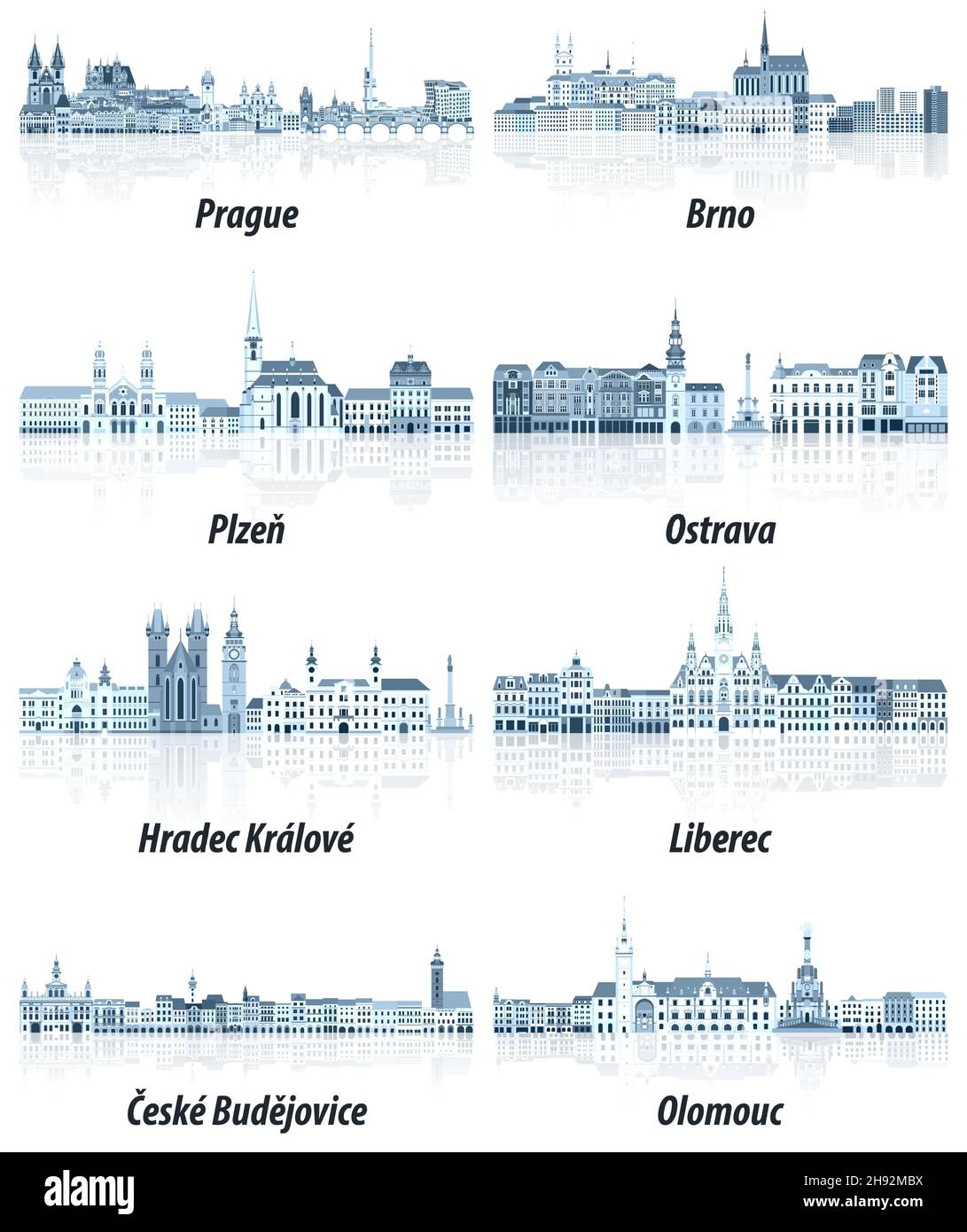 Repubblica Ceca principali città paesaggi urbani in tinte di colore blu tavolozza. Stile estetico cristallino Illustrazione Vettoriale