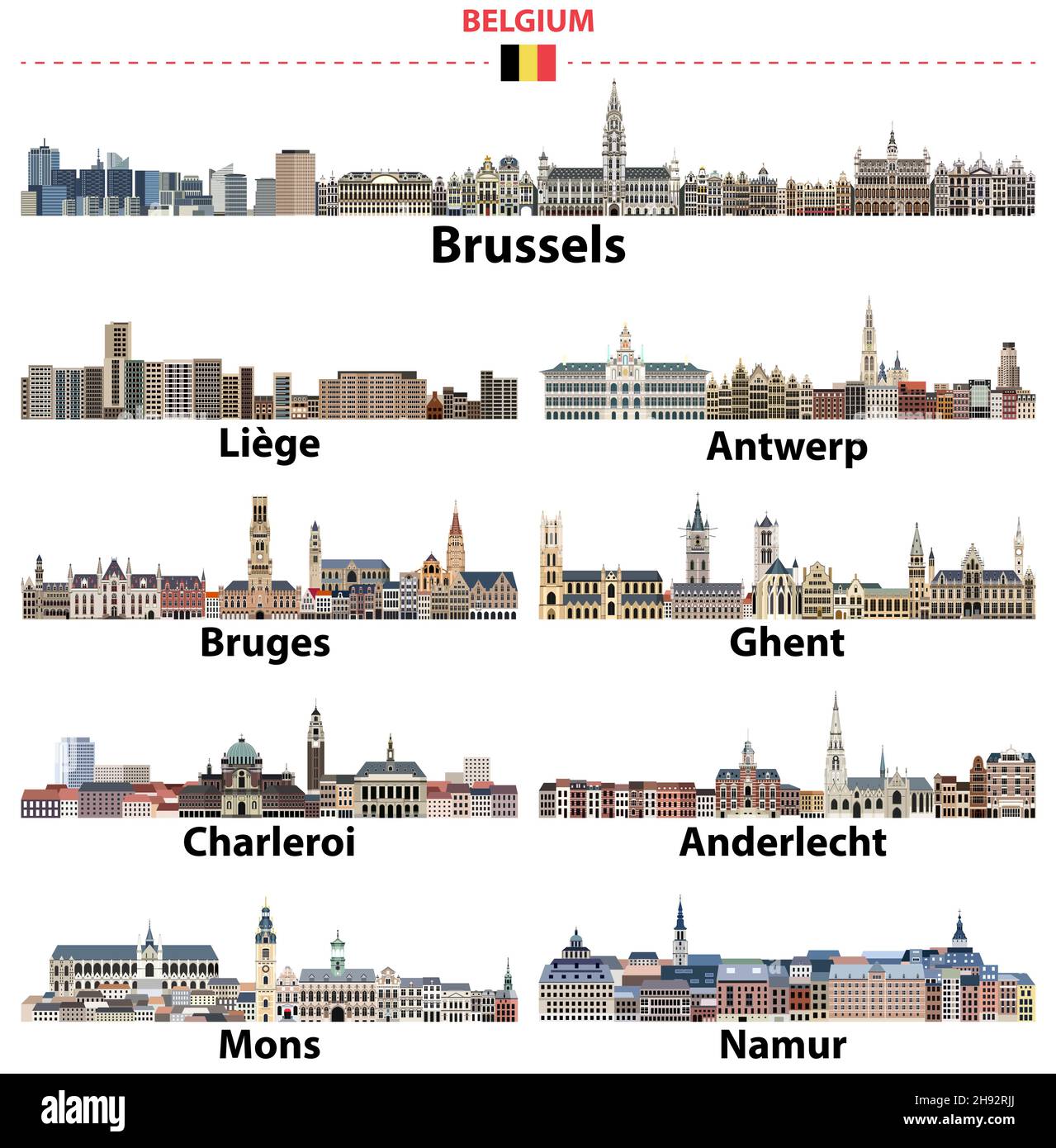 Le città più grandi del Belgio skyline. Raccolta vettoriale Illustrazione Vettoriale