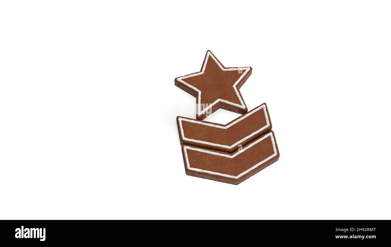rendering 3d di biscotti di pan di zenzero in forma di simbolo di rango militare nell'esercito isolato su sfondo bianco con glassa bianca Foto Stock