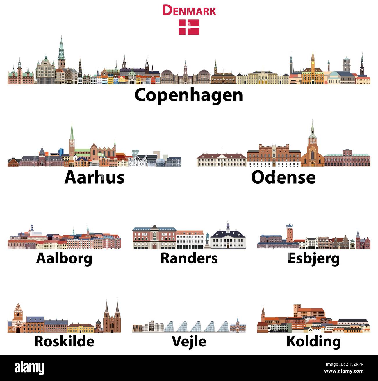 Denamrk città principali skylines vettore set Illustrazione Vettoriale