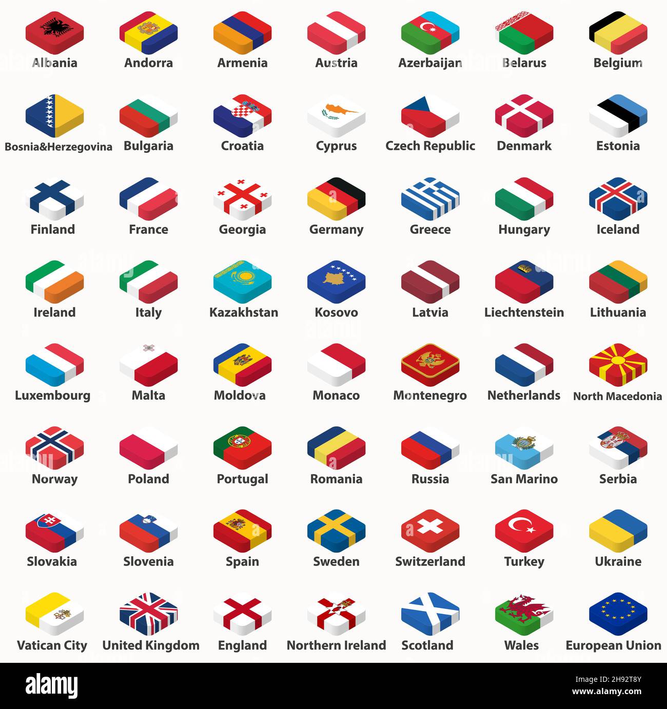Tutte le bandiere dei paesi europei nel set vettoriale di disegno della vista dall'alto isometrica Illustrazione Vettoriale
