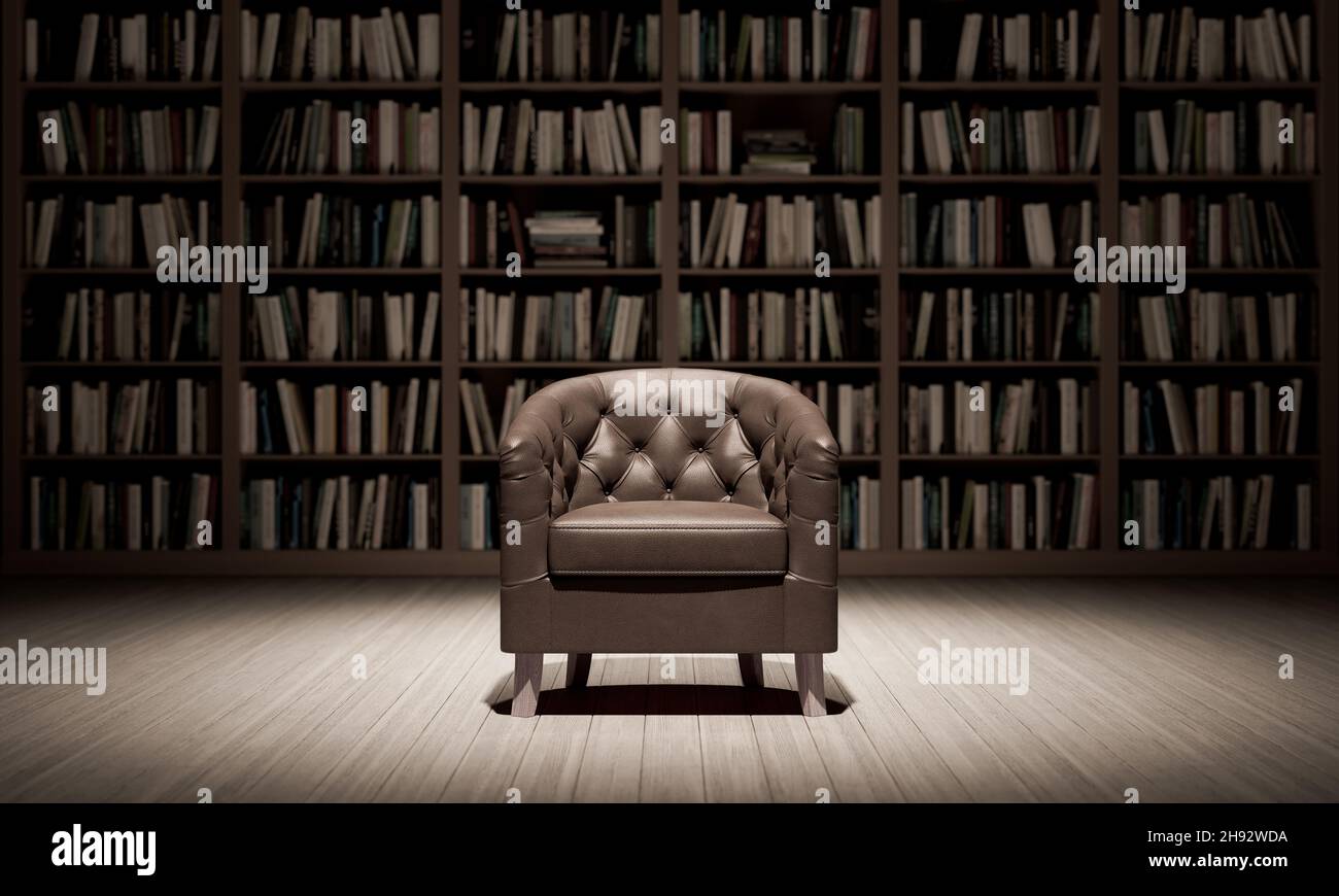 Poltrona in pelle in biblioteca con vecchi libri 3d rendering illustrazione 3d Foto Stock