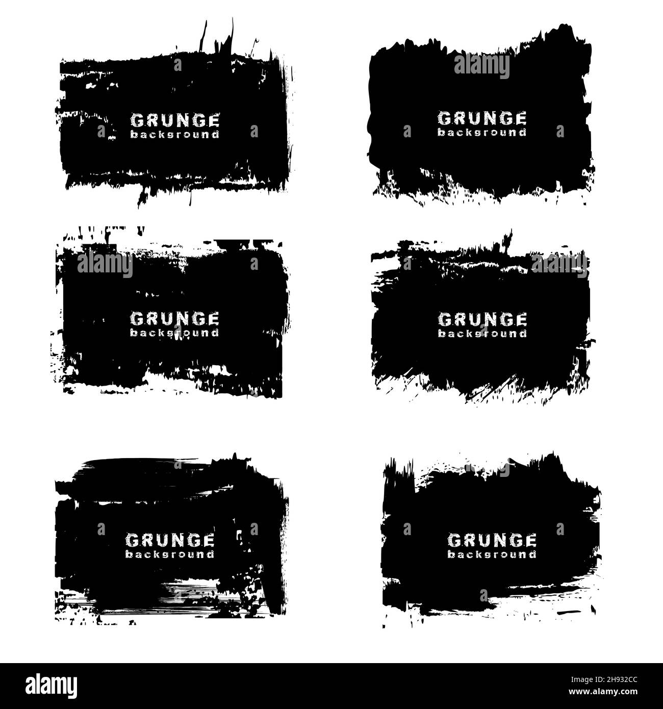 Set di sfondi urbani grungi neri. Illustrazione vettoriale. Texture di distress. Pennellate di inchiostro. Elemento di design artistico sporco per le cornici di testo Illustrazione Vettoriale