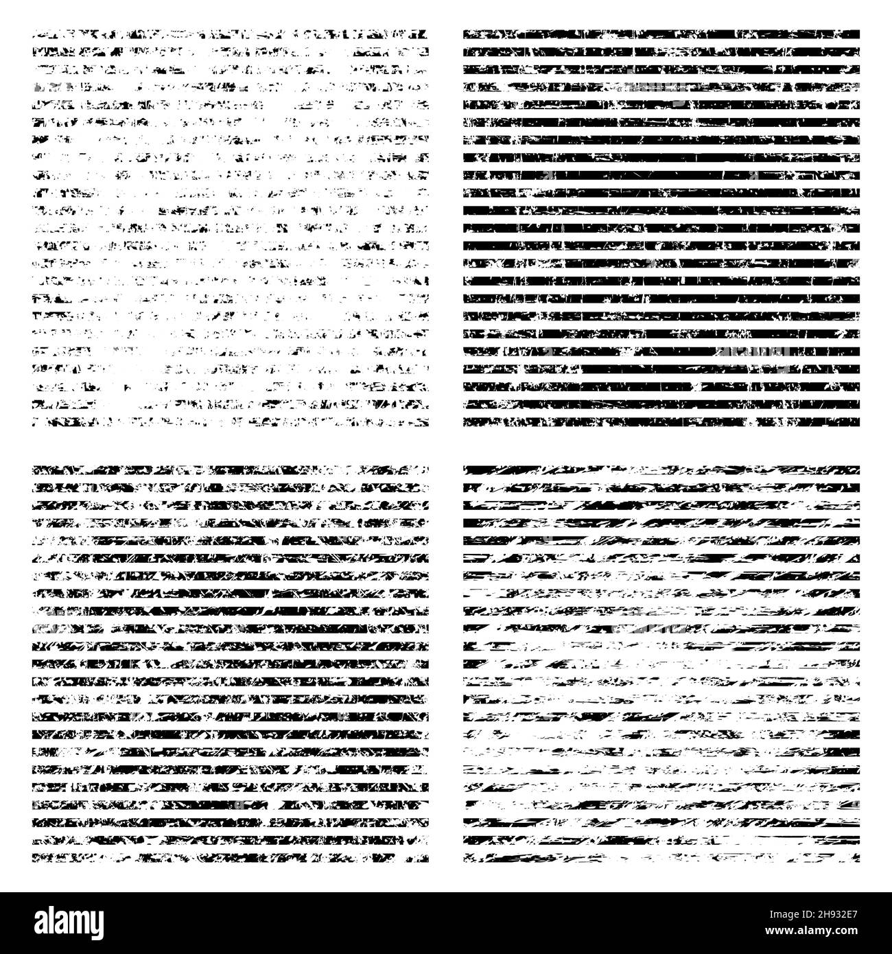 Set di strisce orizzontali nere a grunge. Tessuto di distress di macchie, macchie, inchiostro, punti, graffi. Elemento di design per pattern, effetto grungy, template Illustrazione Vettoriale
