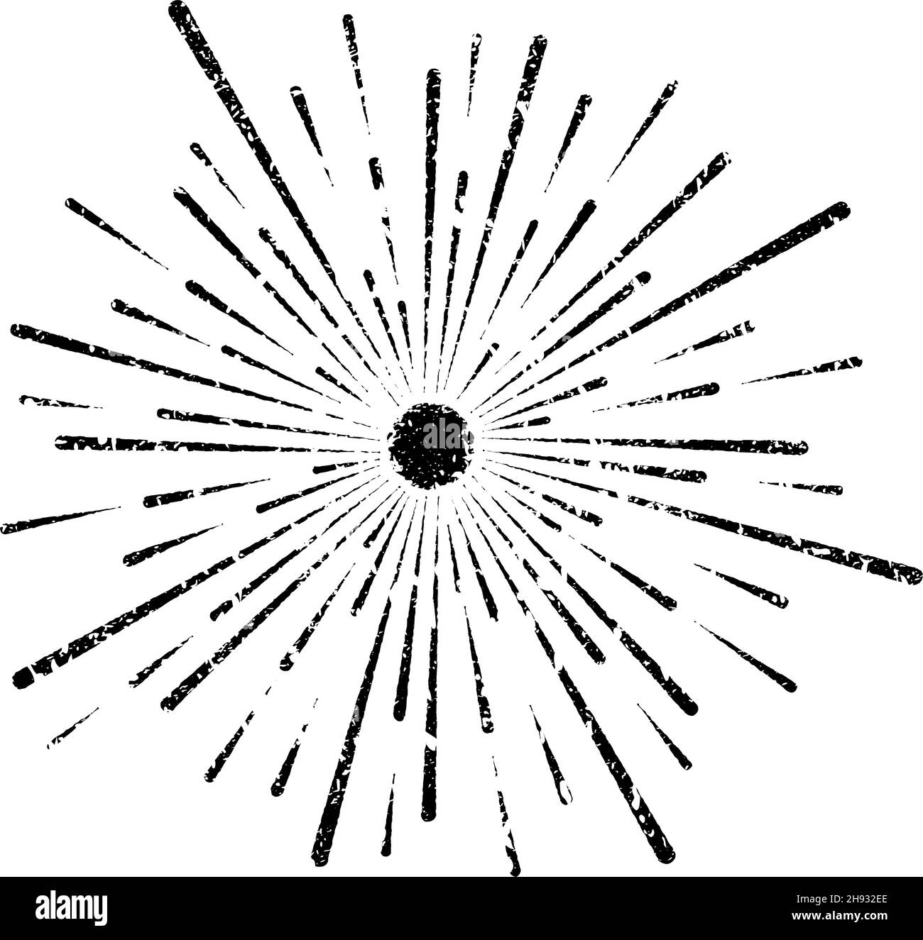 Linee di velocità a grunge radiale in forma rotonda. Raggi delle stelle. Elemento di design vintage per stampe, web, template, logo, tatuaggio e motivi. Star burst shap Illustrazione Vettoriale