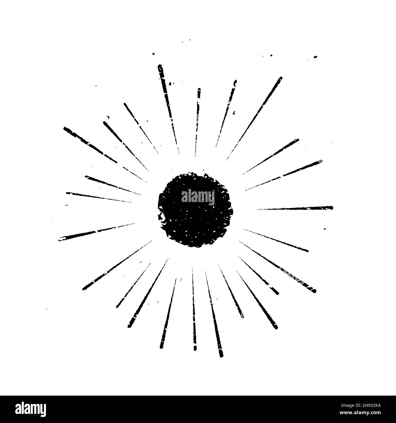 Linee di velocità della grunge radiale nera. Raggi delle stelle. Sfondo del sole. Elemento di design vintage per stampe, web, template, logo, tatuaggio e motivi. Esplosione di stelle Illustrazione Vettoriale