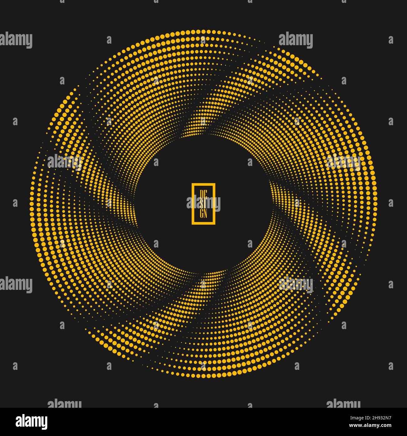Linee tratteggiate di mezzitoni concentrici gialle in forma di spirale. Cerchio segmentato. Elemento di design alla moda per cornice, logo tecnologico rotondo, segno, simbolo, web Illustrazione Vettoriale