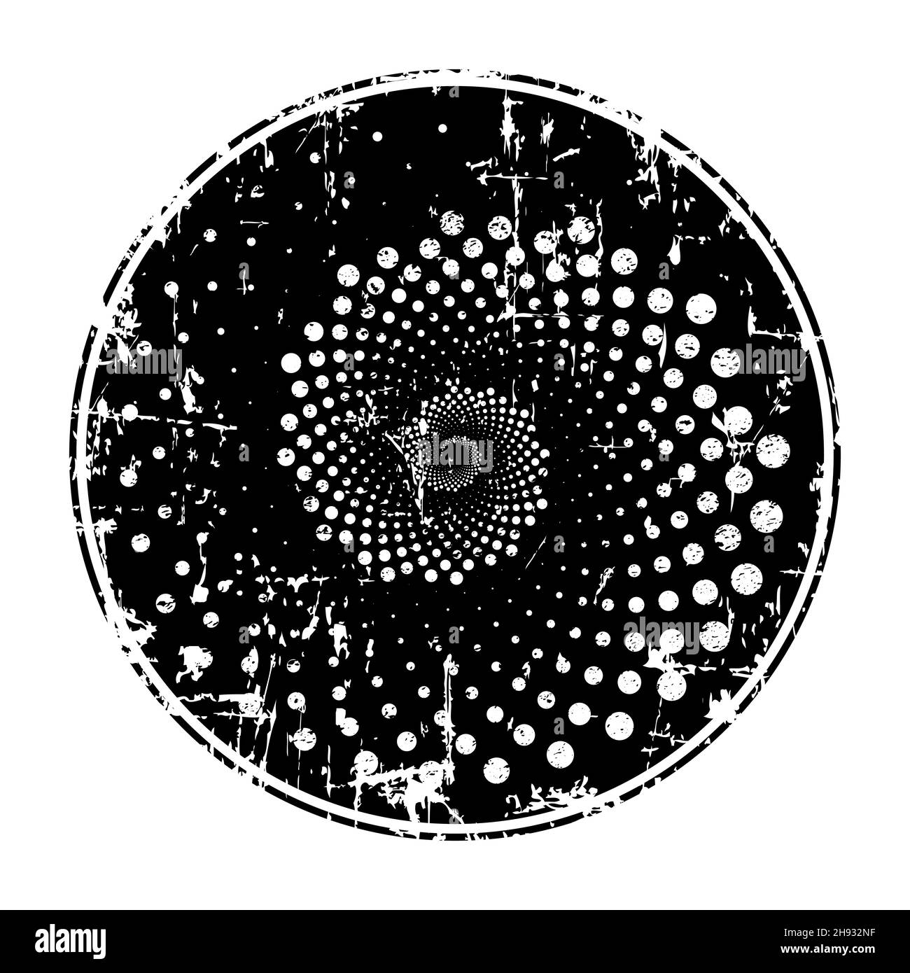 Forma a vortice a grunge nera con punti a mezzitoni. Motivo grunge retrò. Elemento di design per banner, badge, emblemi, poster, effetto grungy, modello Illustrazione Vettoriale