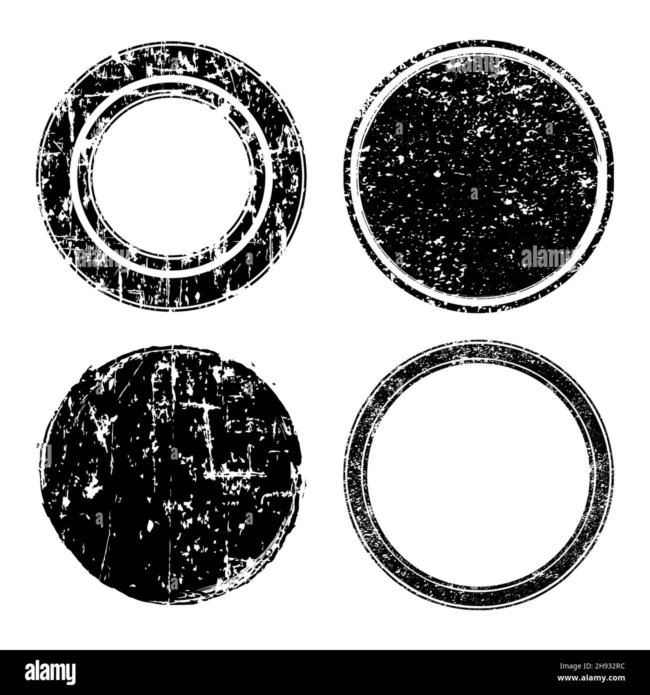 Collezione di francobolli a cerchio grunge. Motivo grungo retrò. Illustrazione vettoriale. Isolato. Elemento di design sporco per cornici di testo, badge, emblemi Illustrazione Vettoriale