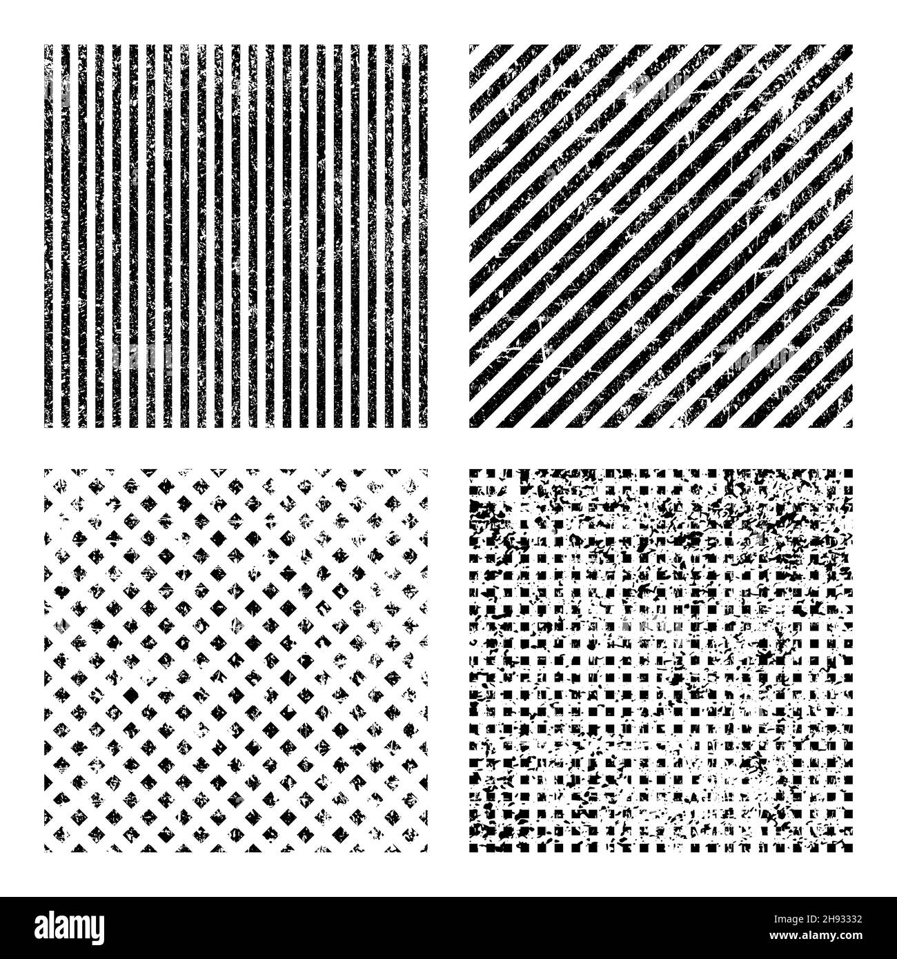 Set di strisce e quadrati neri. Tessuto di distress di macchie, macchie, inchiostro, punti, graffi. Elemento di design per pattern, effetto grungy, template Illustrazione Vettoriale