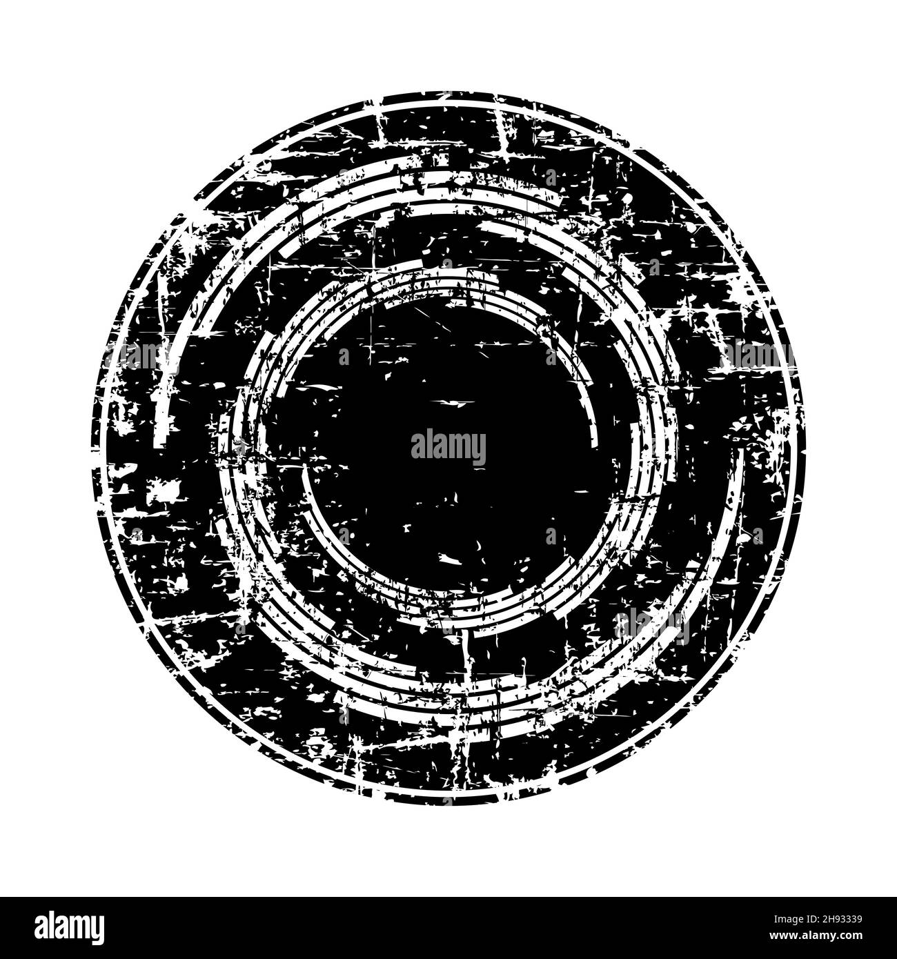 Linee curvilinee bianche a grunge, forma a spirale. Timbro con strisce. Logo con linee veloci. Motivo grunge retrò. Elemento di design per banner, badge Illustrazione Vettoriale