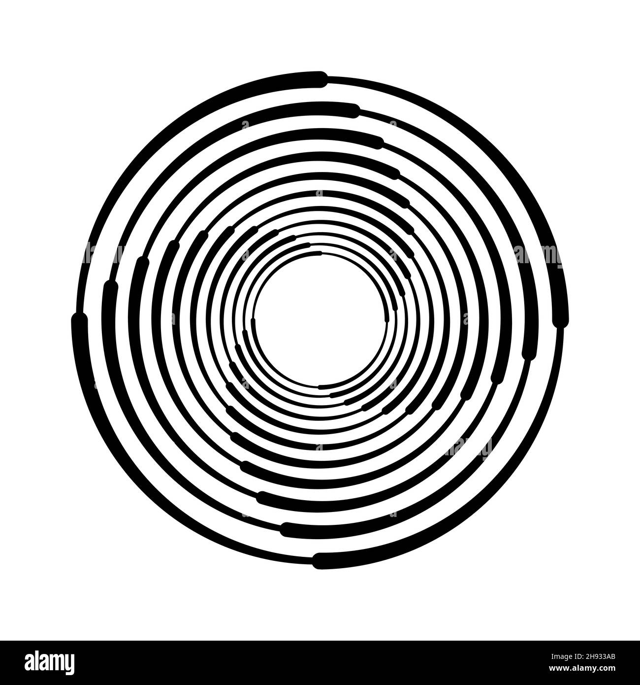 Strisce ricurve concentriche nere in forma rotonda. Art. Geometrico elemento di design per cornice di bordo, logo rotondo, tatuaggio, segno, simbolo, pagine web, stampe Illustrazione Vettoriale Strisce ricurve concentriche nere in forma rotonda. Art. Geometrico elemento di design per cornice di bordo, logo rotondo, tatuaggio, segno, simbolo, pagine web, stampe Illustrazione Vettoriale