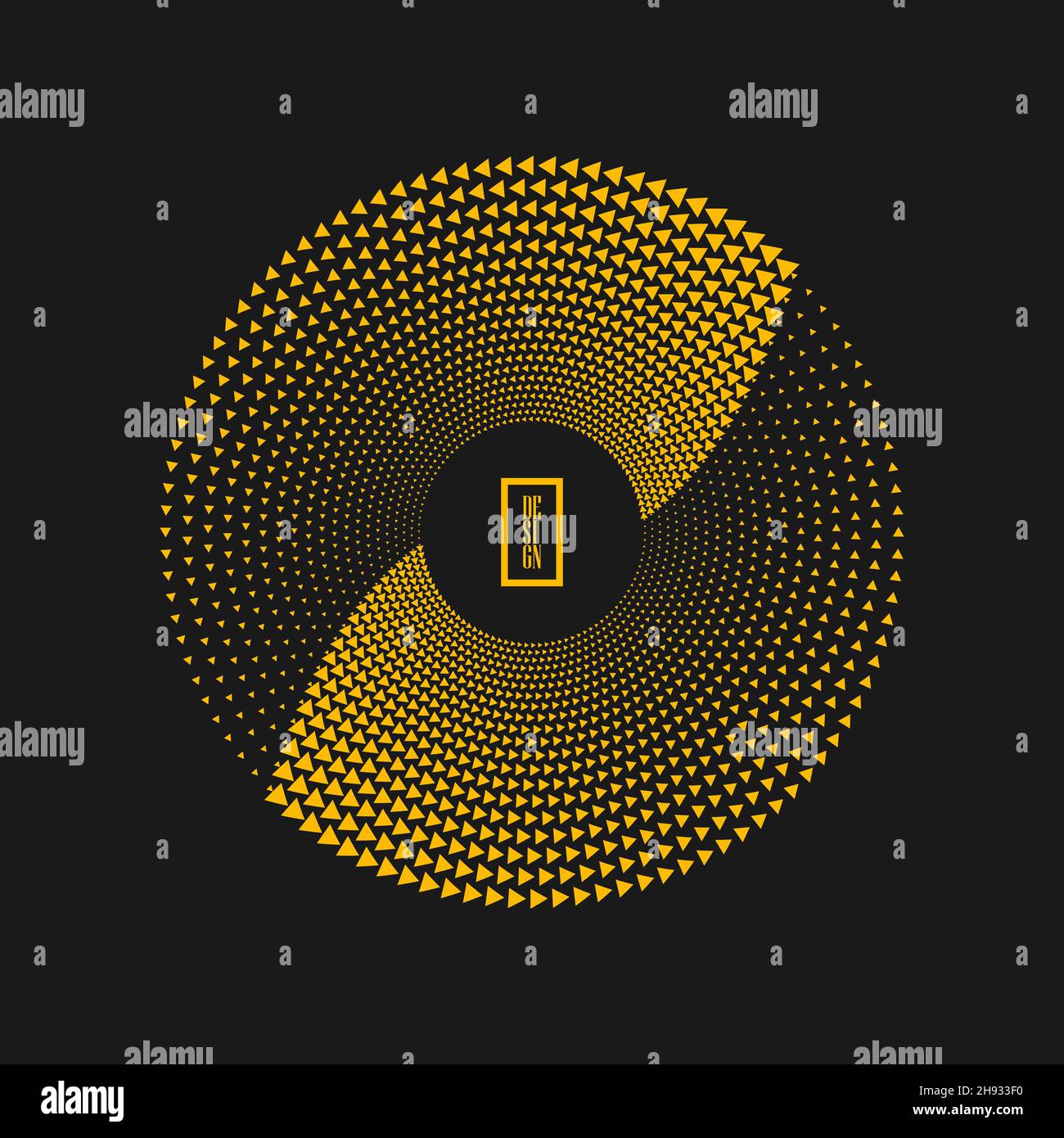 Piccoli triangoli gialli astratti in forma rotonda. Arte geometrica punti mezzitoni. Elemento di design trendy per logo, tatuaggio, segno, simbolo, pagine web, stampa Illustrazione Vettoriale