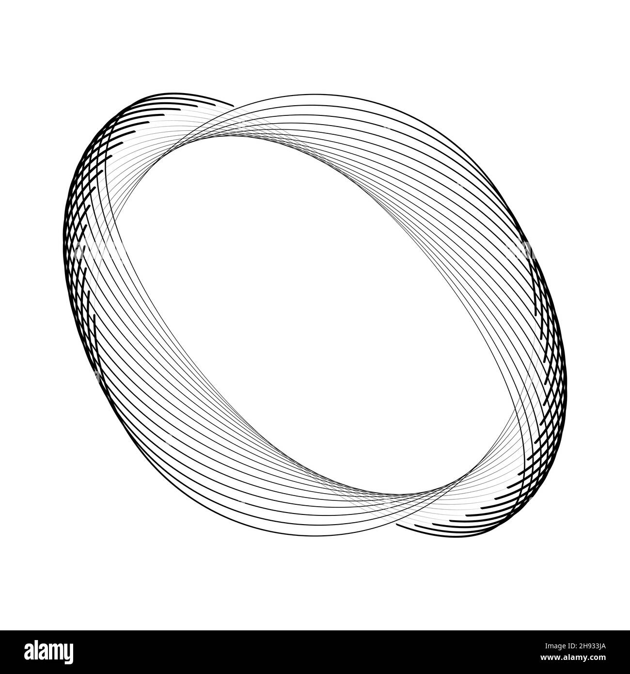 Ellissi concentrici neri in forma astratta. Illustrazione vettoriale. Elemento di design alla moda per cornice, logo tecnologico rotondo, segno, simbolo, web, stampa Illustrazione Vettoriale