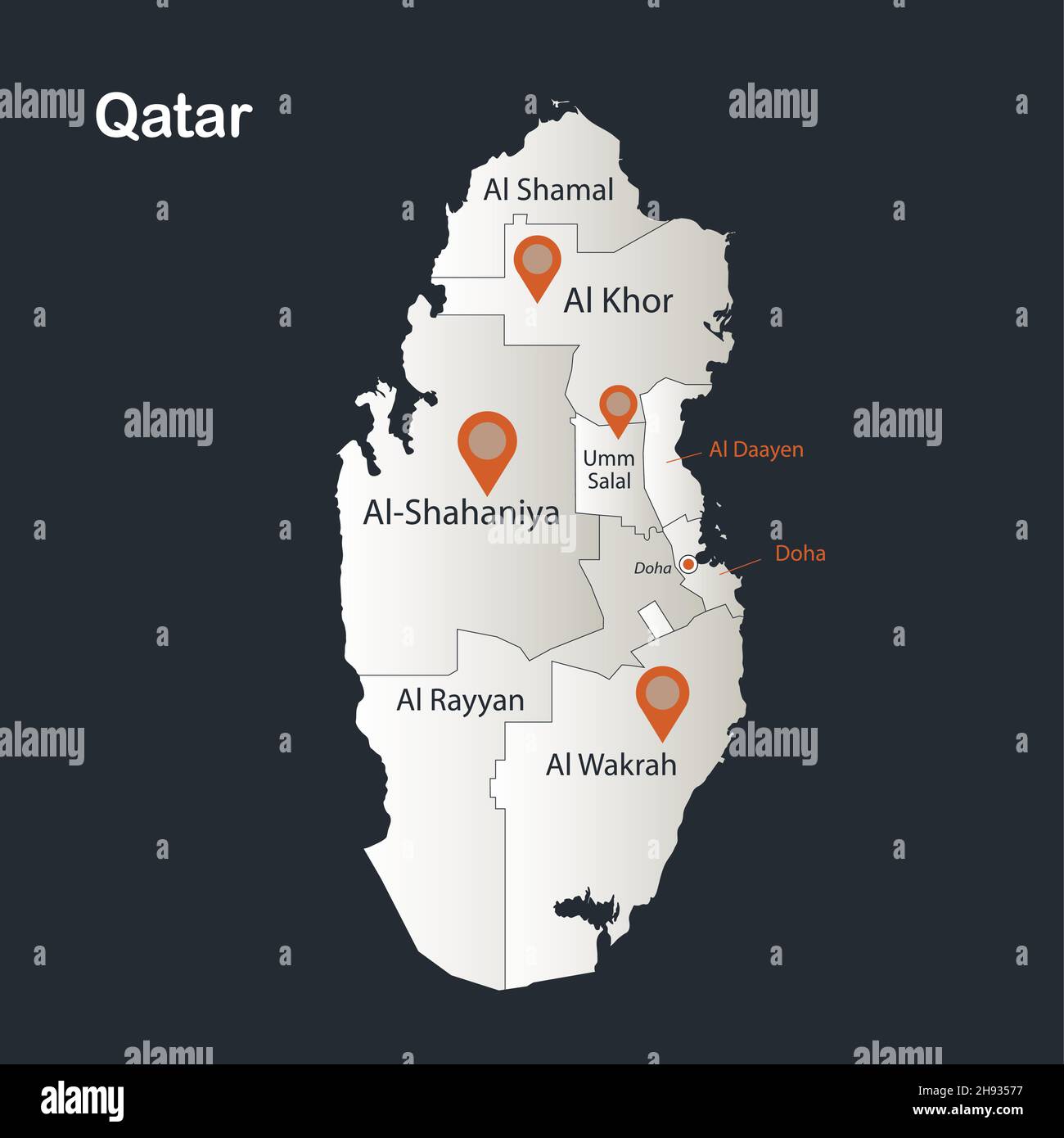 Mappa del Qatar, infografica design piatto colori bianco neve, con nomi di regioni vettoriali individuali Illustrazione Vettoriale
