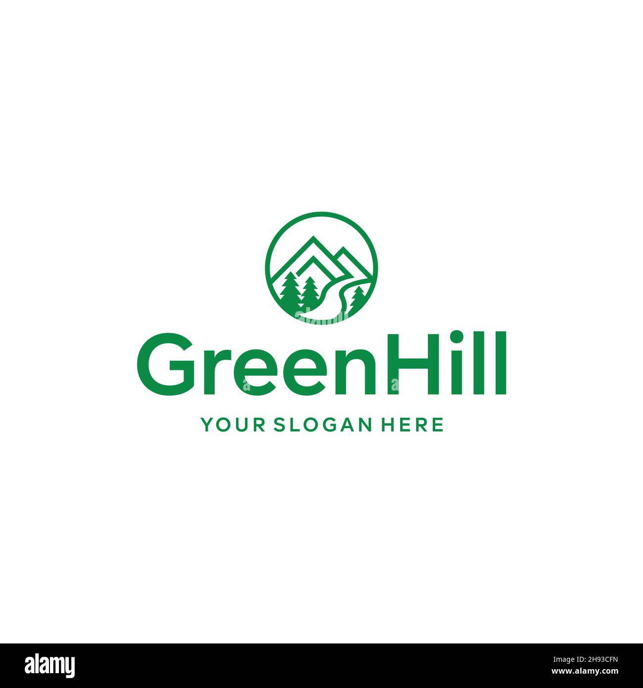flat Greenhill Mountains Tree Street Logo design Illustrazione Vettoriale